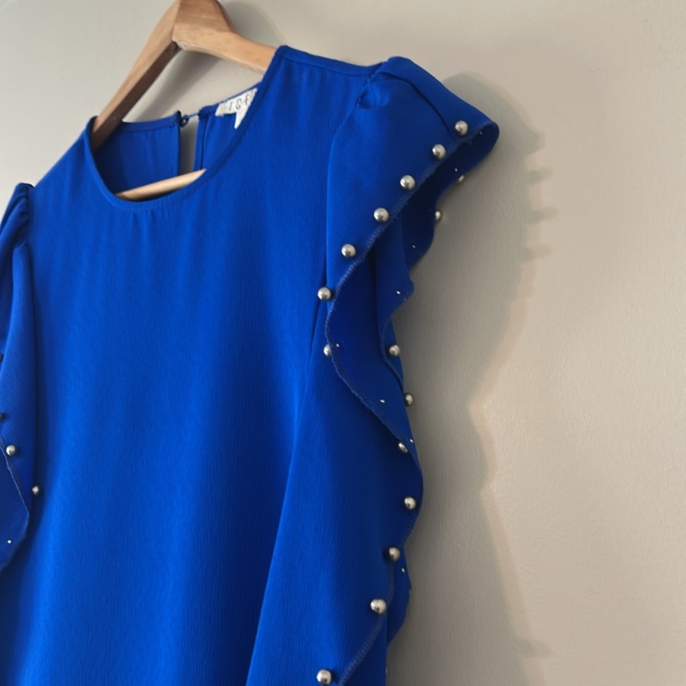 TCEC Blue Ruffle Mini Dress Embellishment With Silver Bauble Balls Size Small - Picture 4 of 7